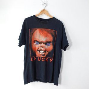 Childs Play Mens Large Black Chucky Portrait T-Shirt Horror Movie Tee 90s Style